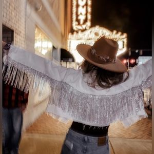 Custom made rhinestone fringe denim jacket